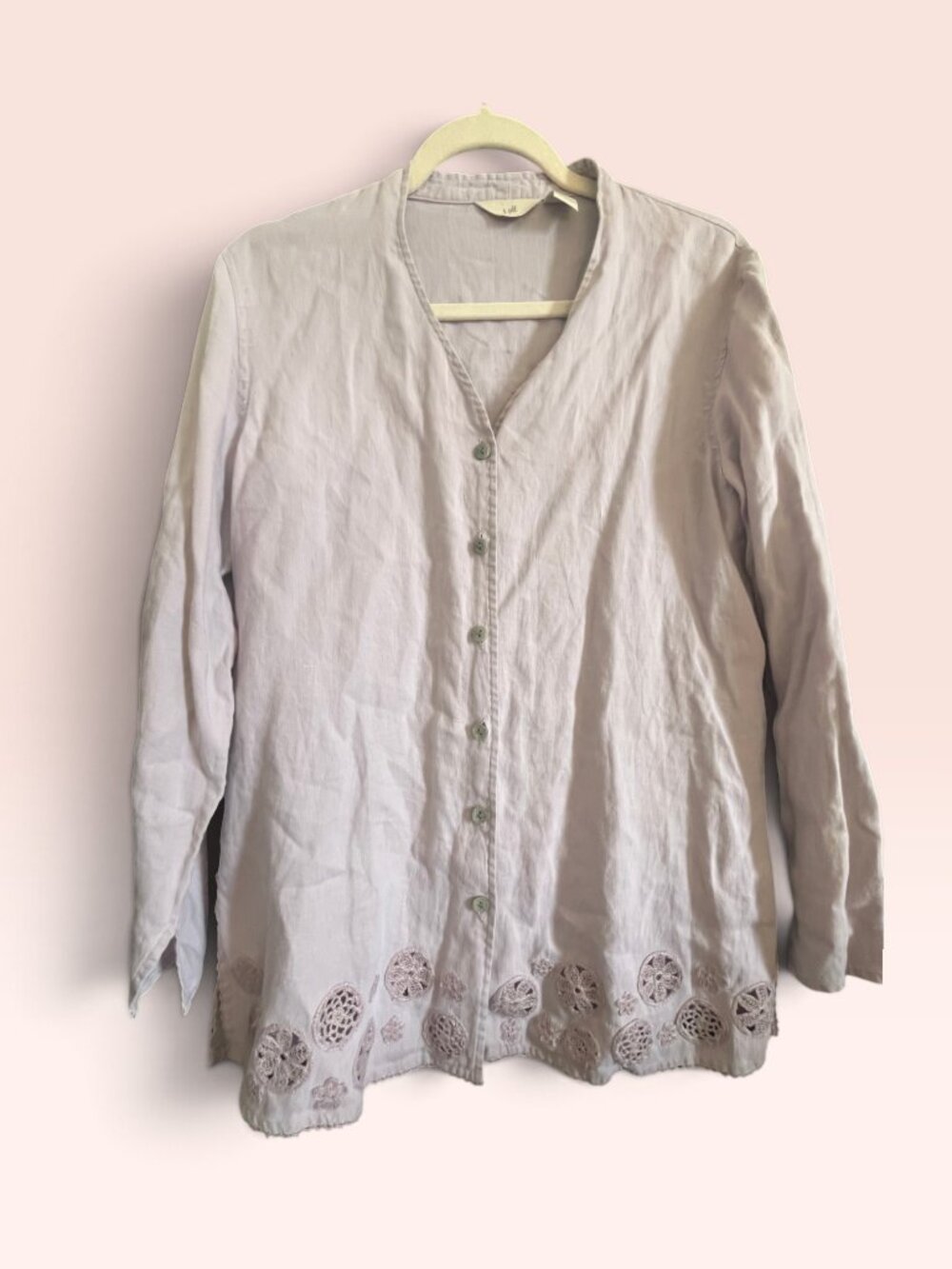 J. Jill Lavender Button-Front Linen Top with Eyelet Embroidered Hem Size S
